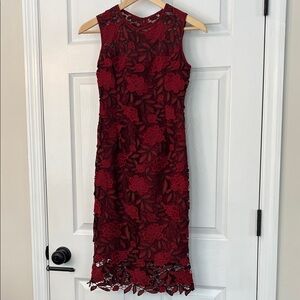 White House Black Market Red Floral Brocade Lace Midi Pencil Dress